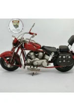 El Yapımı Kırmızı Chopper/Cruiser Metal Motosiklet Biblosu – Siyah Yan Çantalı & Sissy Barlı - Görsel 6