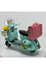 El Yapımı Dekoratif Turkuaz Çiçekli Scooter Motosiklet Model – Metal Biblo & Vintage Maket (13 cm) - Görsel 4