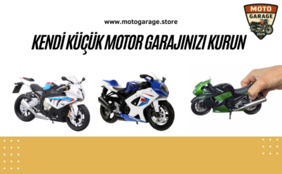 Motosiklet figürleri ile kurulmuş minyatür garaj diyoraması