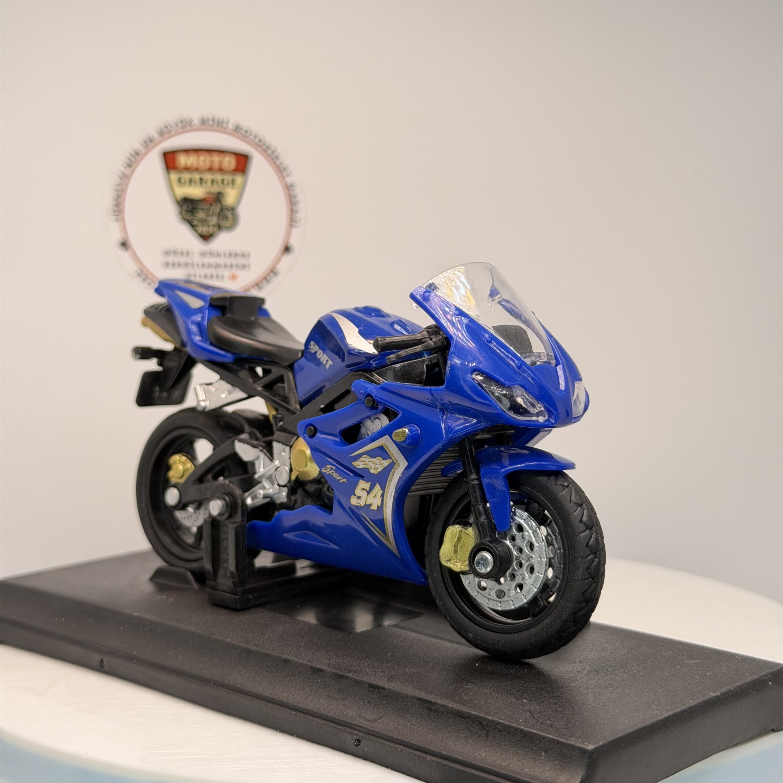 IMG_6218 Mavi Yarış Motosikleti #54 - 1:18 Ölçek (12cm) Kutulu Standlı Diecast Model